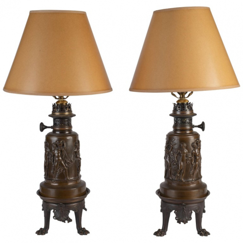 Pair of French Neoclassical Patinated Bronze Oil Lamps